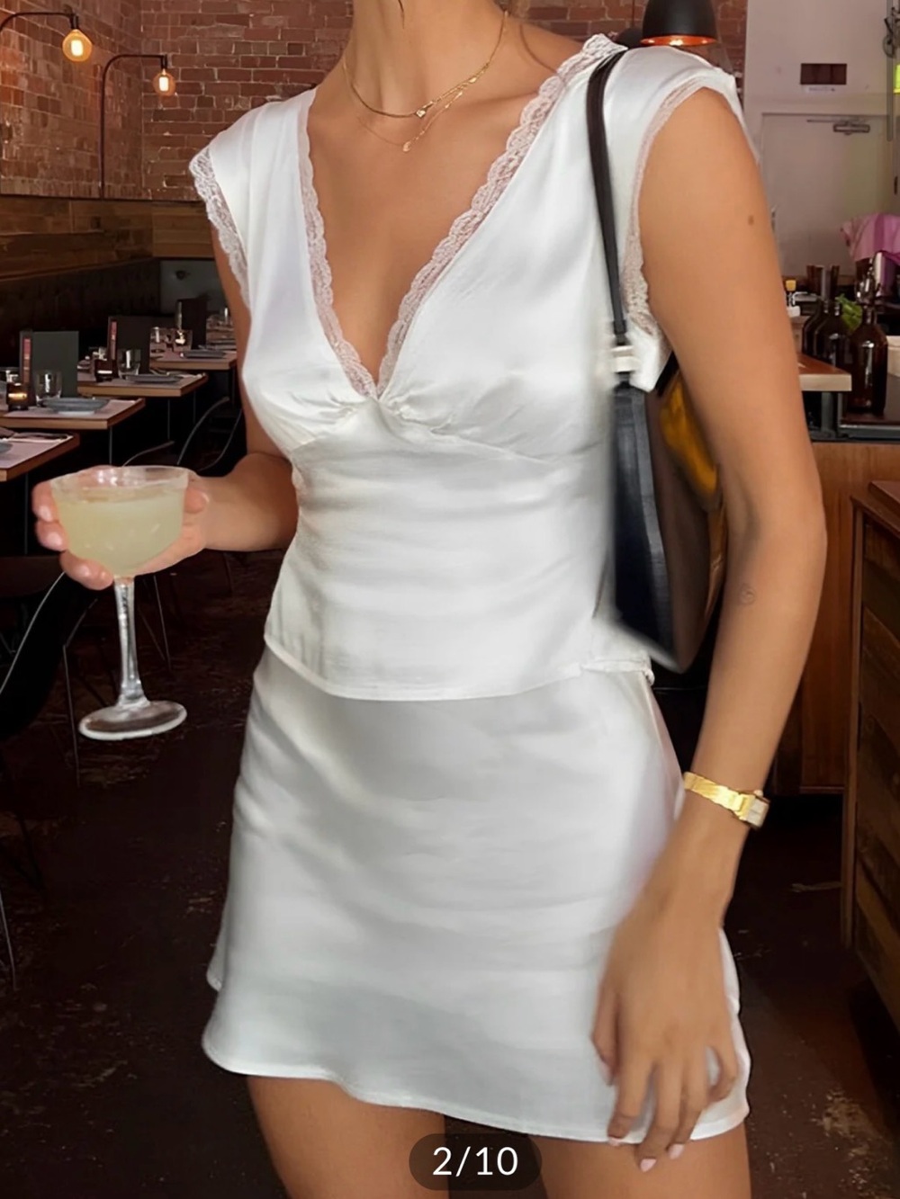 Commense White Satin Lace Trim Satin Skirt Set